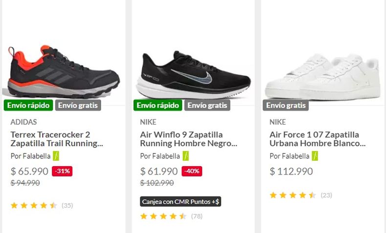 Precios de zapatillas en Chile.