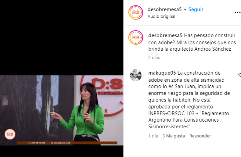En la publicación de redes del planteo de Andrea Sánchez sobre el adobe se abrió el debate sobre el uso prohibido de este material en San Juan.