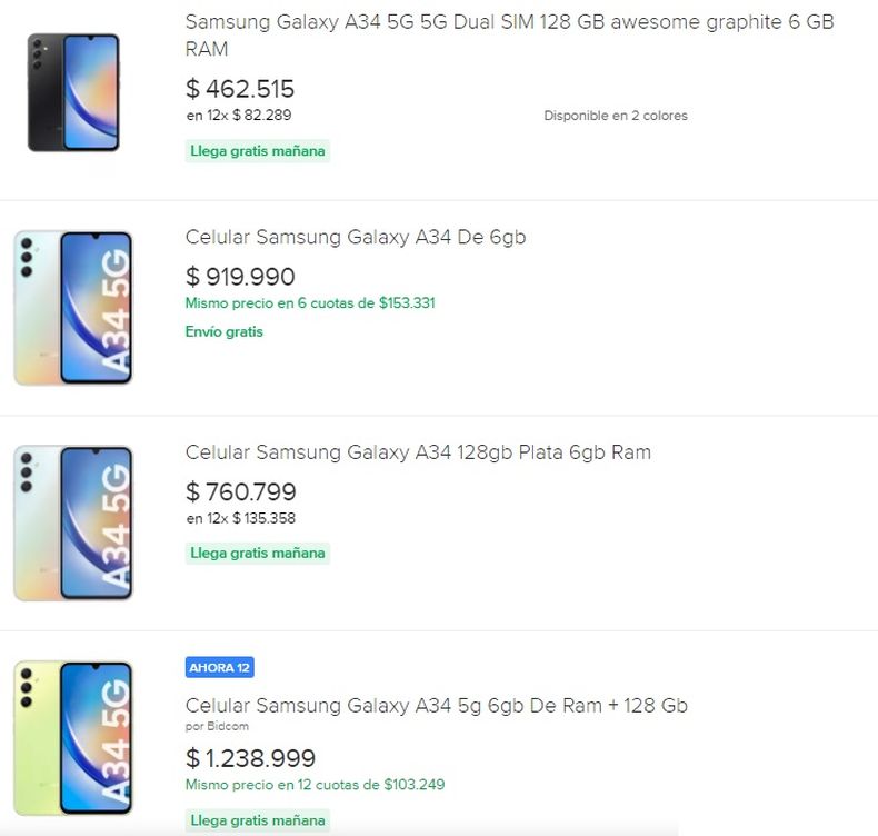 Precios de Samsung A34 en Argentina.