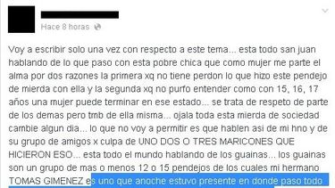 La hermana de uno de los supuestos agresores lo defiende por Facebook