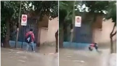 Video viral sanjuanino: un joven caminaba por las calles inundadas de Rawson y cayó