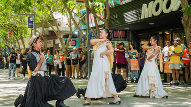 Músicos e integrantes de academias de danza de Iglesia se presentaron en la Peatonal de la Capital para difundir la Fiesta Provincial de la Semilla y la Manzana.