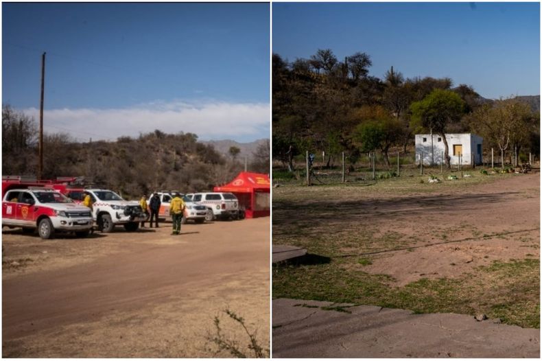 La escuela de Los Bretes, a la izquierda, los bomberos que coparon el lugar por el gran incendio, a la derecha, la calma que reina el resto del año - Fotografía Mariano Martín