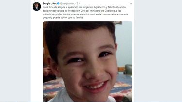 El mensaje del gobernador Uñac tras el hallazgo: Nos llena de alegría la aparición de Benjamín