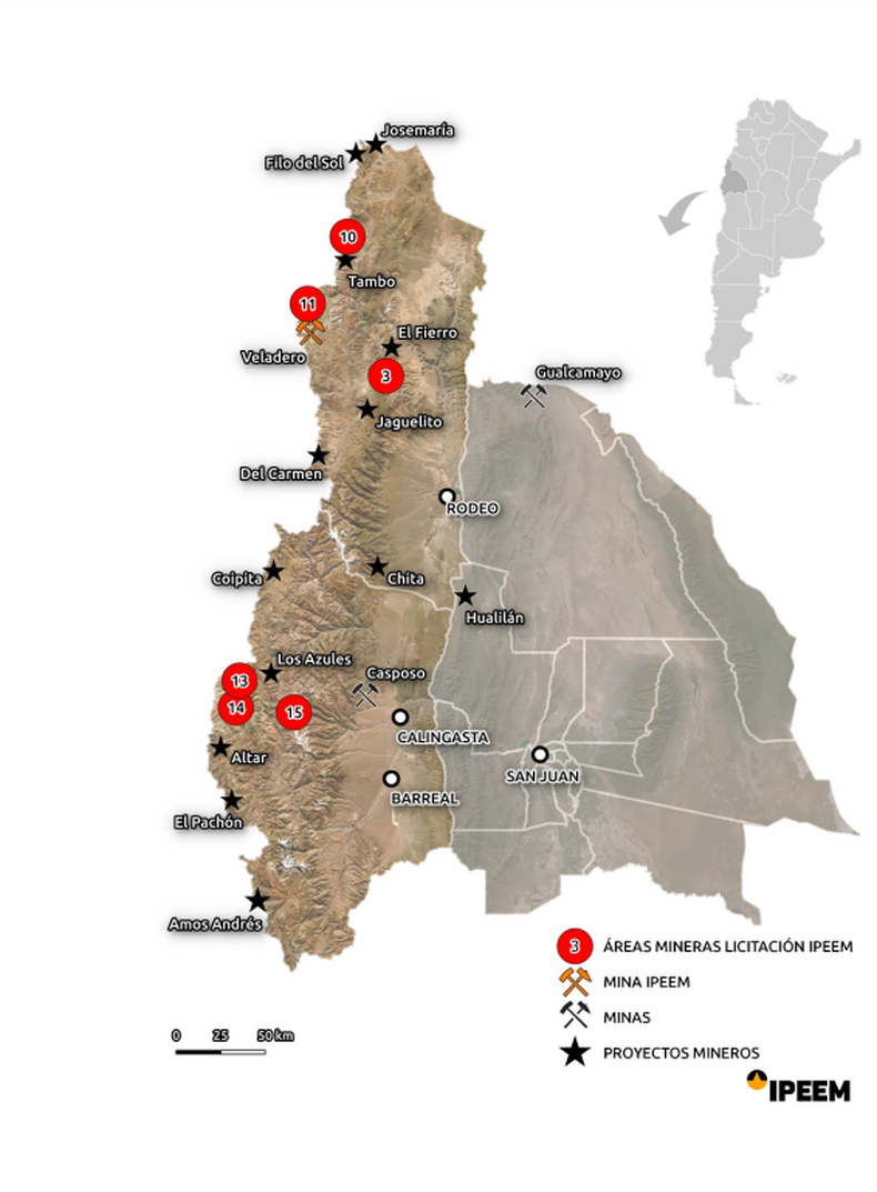 Mapa político de la provincia de San Juan, Argentina, con los departamentos de Iglesia y Calingasta marcados, indicando zonas de proyectos mineros.