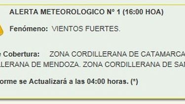 Emiten un alerta por fuertes vientos en la zona cordillerana