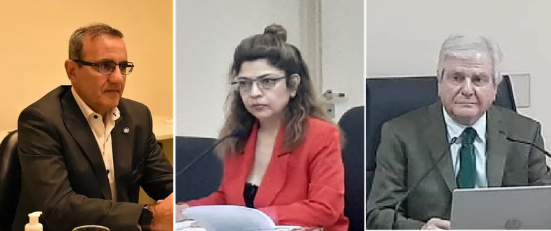 El fiscal Francisco Maldonado, la abogada defensora María Filomena Noriega y el juez federal Leopoldo Rago Gallo.