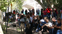 Amontonados bajo la sombra, decenas de padres esperando a sus hijos frente a la escuela