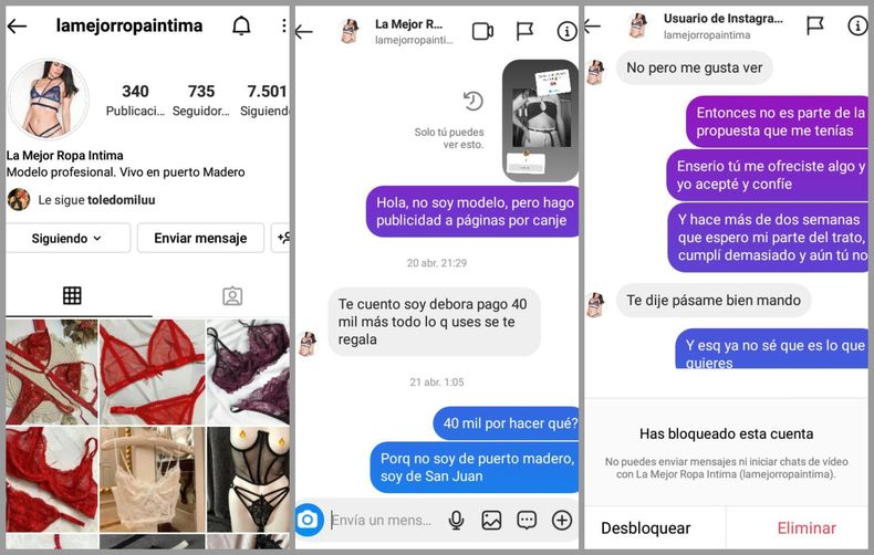 Chats que la sanjuanina tuvo por Instagram con la víctima.