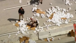Una sorprendente intervención se llevó a cabo en la autopista I-5 de California cuando agentes se vieron obligados a retirar rápidamente cientos de rollos de papel higiénico tras un accidente (Captura de Sky Fox)