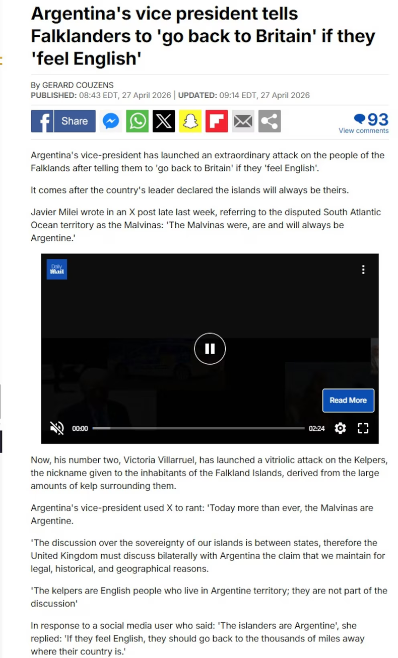 Una captura de pantalla de un artículo del Daily Mail que destaca las declaraciones de Victoria Villarruel sobre los habitantes de las Islas Malvinas y su identidad británica.