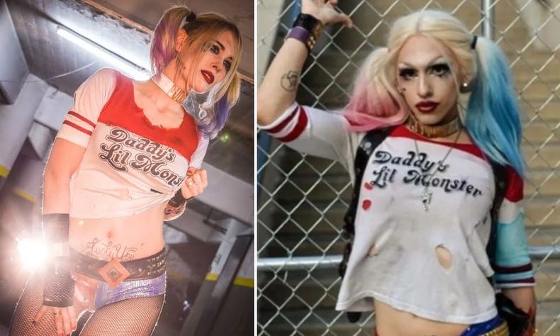 Lilia Lemoine y Dizhy, ambos caracterizados como la megavillana Harley Quinn, casualmente pareja de El Guasón, y archienemiga de Batman.