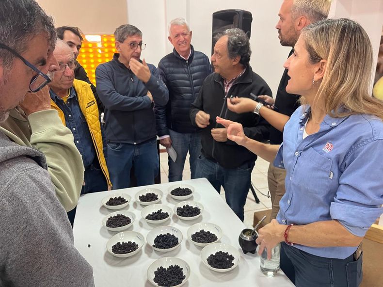 Beatriz Pugliese junto a productores degustando las pasas producidas con variedades desarrolladas en INTA.