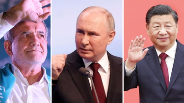 Masoud Pezeshkian, Vladimir Putin, y Xi jinping, presidentes de Irán, Rusia y China