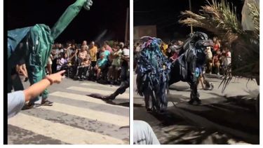 Un festejo de carnaval sanjuanino se hizo viral por sus curiosos trajes: Los dinosaurios después del meteorito