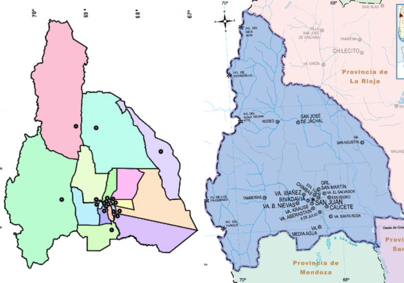 Comparativa entre el mapa de San Juan hecho por el CEFFOCA y el mapa político usado en las escuelas. En el este se puede notar la diferencia territorial. 