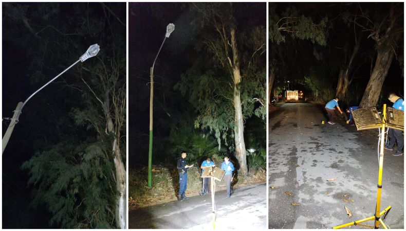 Tragedia en Carpintería: miembros de la fiscalía sacando fotos al lugar del hecho. La iluminaria artificial no funcionaba. En el lado derecho se puede ver la iluminaria que las pesquisas pusieron en la zona para trabajar.