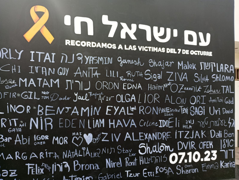La Sociedad Israelita San Juan arm&oacute; un mural con los nombres de algunos de los fallecidos como consecuencia del ataque de Hamas a Israel, hace un a&ntilde;o.