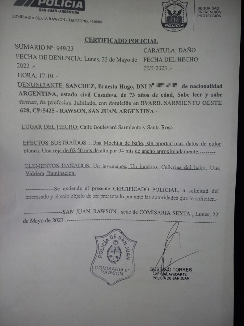 La denuncia por robo que le realizaron los propietarios del local comercial, con fecha 22 de mayo de 2023.&nbsp;