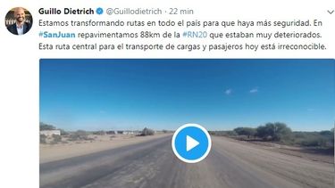 Dietrich publicó un video del antes y después de la Ruta 20 en San Juan