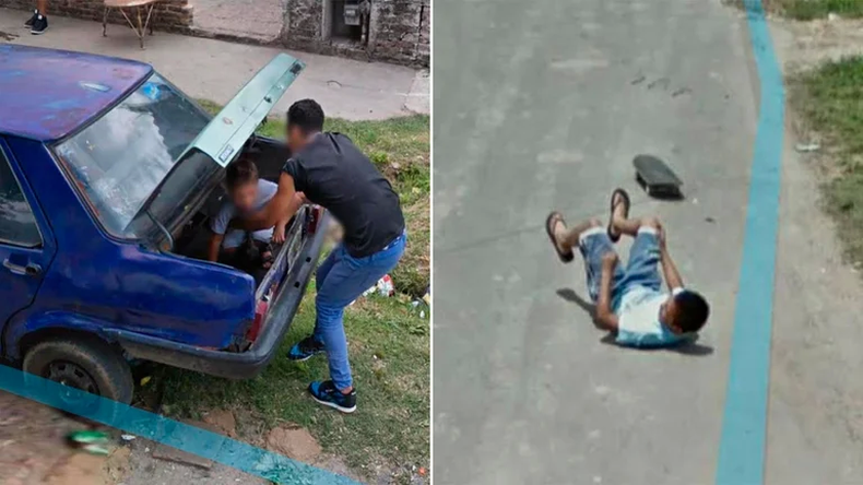 Situaciones insólitas: Google Street View registró el momento exacto en que un hombre baja a un nene del baúl de un auto y a un joven que cae de su skate.
