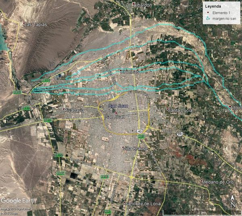 Brazos del Rio San Juan en el año 1900 según planos históricos. Entre estos brazos se encontraba el Departamento de Chimbas dividido en 2 zonas, "Chimbas 1°" y "Chimbas 2°".